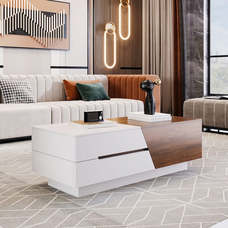 Modern Extendable Sliding Top Coffee Table - White+Walnut