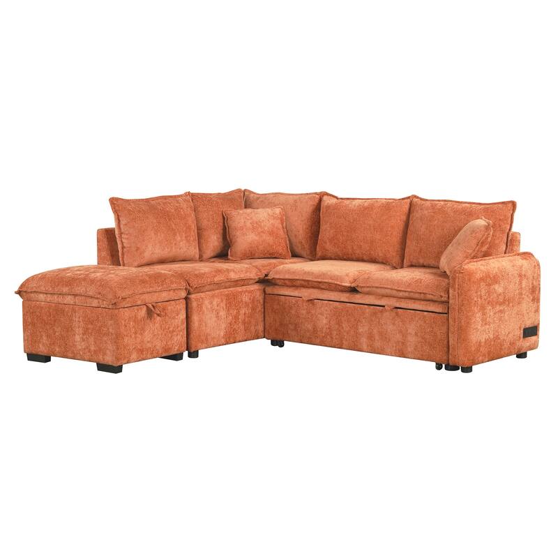 Orange 82.67" L-Shaped 5-Seat Sectional Sofa with Pull-Out Bed, Storage Ottoman, 2 USB Ports, Power Sockets, and 2 Cushions