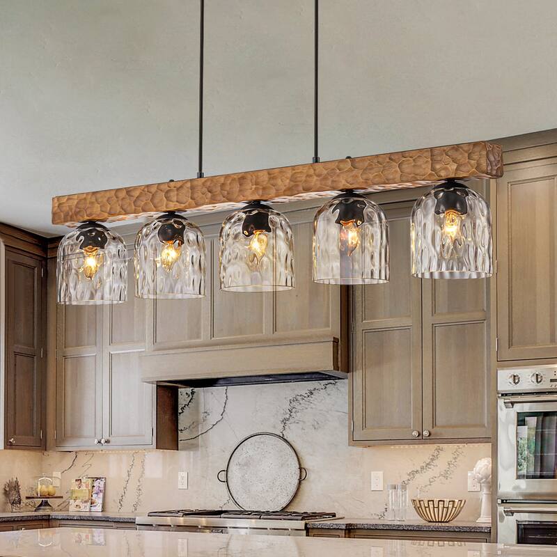 Farmhouse 5-Light Linear Island Pendant with Hammered Glass Shades and Antique Wood Finish - Black