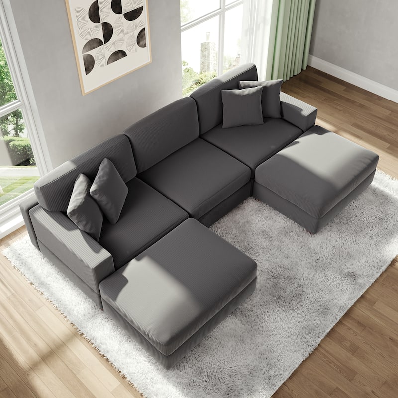 Modular Corduroy Sectional Sofa Set Chaise Couch with Ottoman