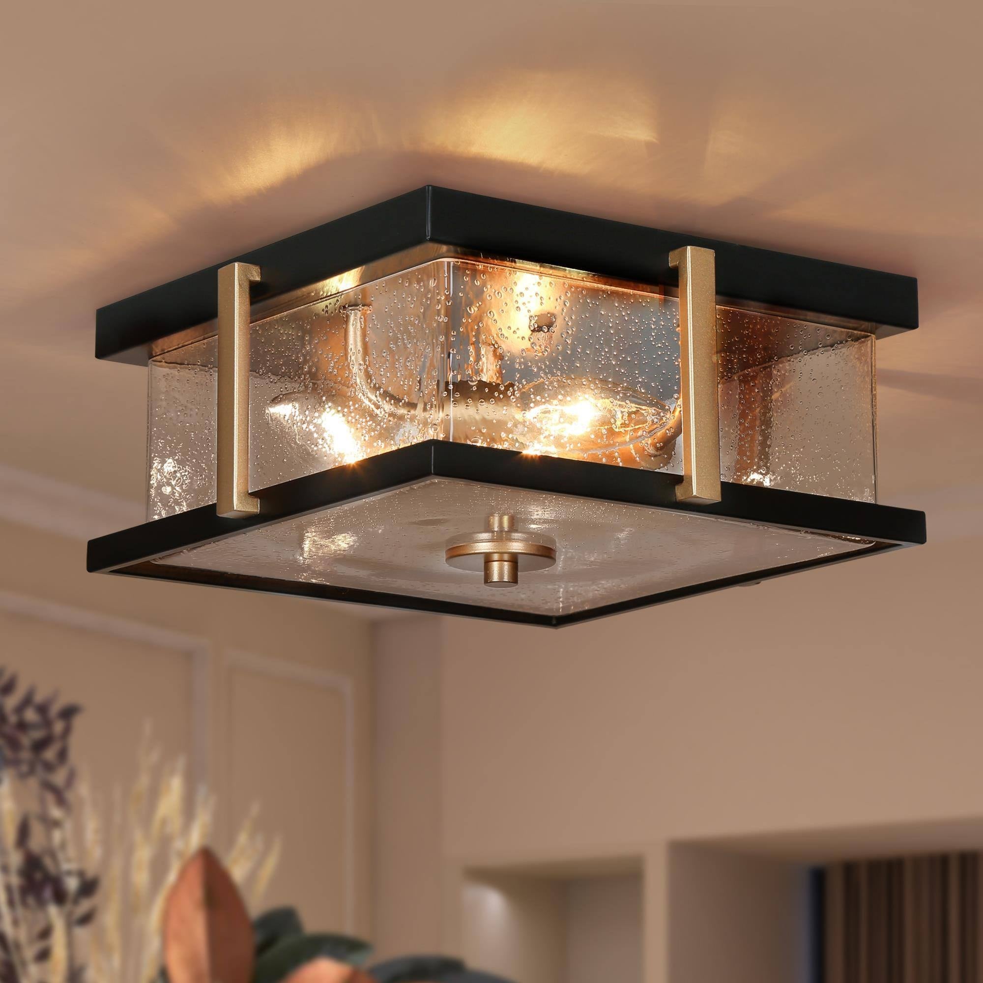 Modern 3 Light Black Gold Square Glass Flush Mount Ceiling Foyer Light 12 L x 12 W x 5.5 H