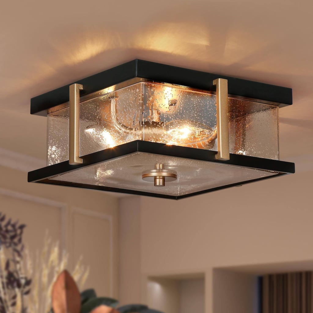 Modern 3-Light Black Gold Square Glass Flush Mount Ceiling Foyer Light - 12" L x 12" W x 5.5" H