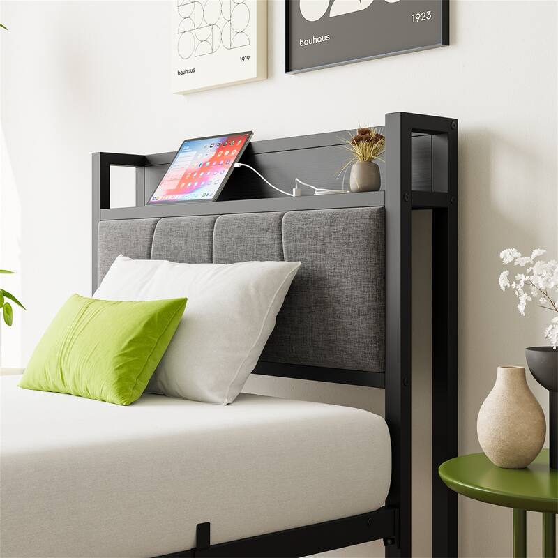 Twin Size Bed Frame, Storage Headboard with Charging Station