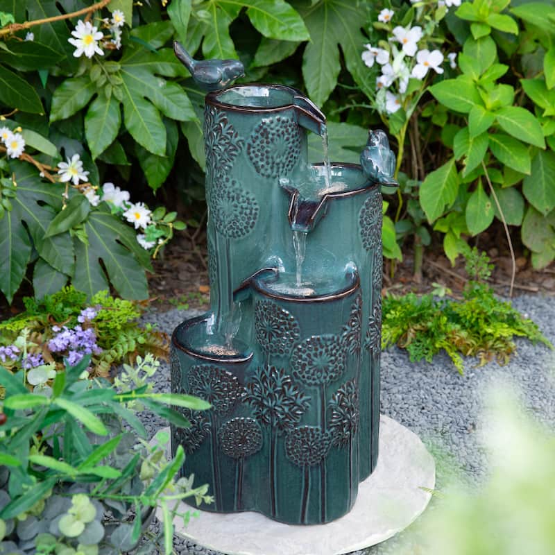 Glitzhome 27" H 4-Tier LED Ceramic Outdoor Floor Fountain with Birds, Cobalt Blue Turquoise Dandelion Texture Vase-Shaped