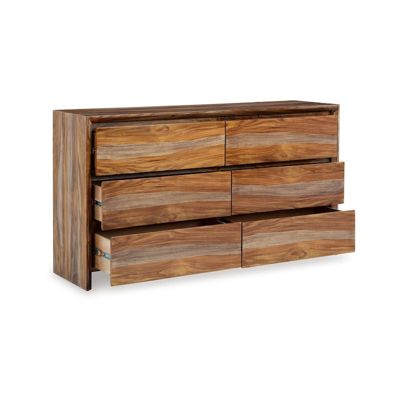 Donni Wide Dresser, 6 Drawer, Brown Sheesham Wood Finish, 65 inch