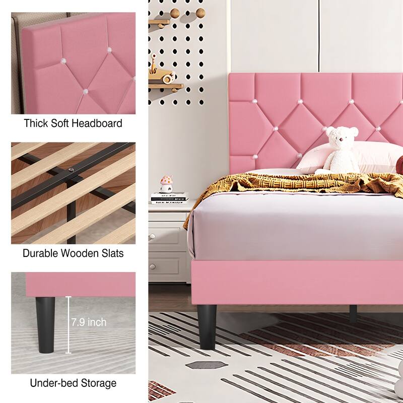 VECELO Upholstered Beds With Diamond Tufted Headboard Platform Bed Frame 7.9'' Under Bed Space