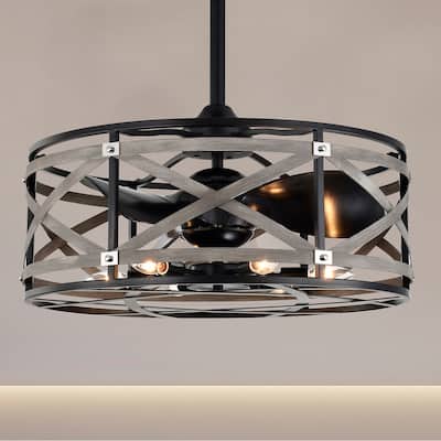 Adele 25-inch Matte Black and Faux Wood Grain 6 Lights 3 Blades Lighted Ceiling Fan with Remote