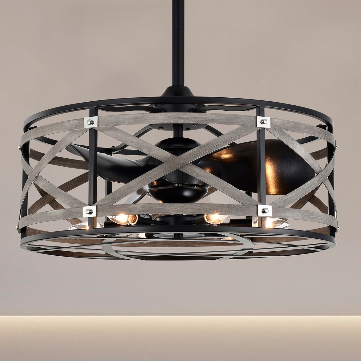 Warehouse of Tiffany Adele 25-inch Matte Black and Faux Wood Grain 6 Lights 3 Blades Lighted Ceiling Fan with Remote