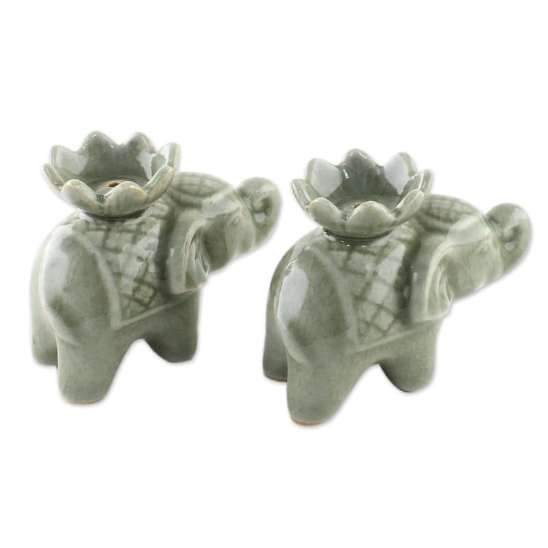 Novica Handmade Lotus Elephant Celadon Ceramic Incense Holders (Pair)
