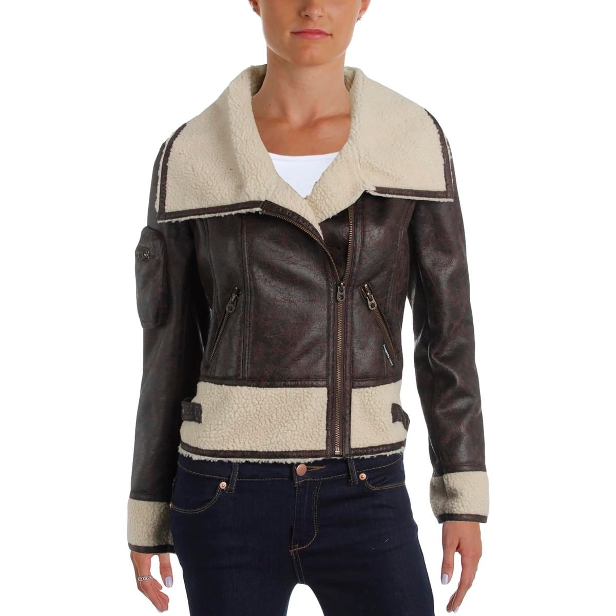 Members Only Women's Pleather Faux Fur Trim Asymmetric Motorcycle