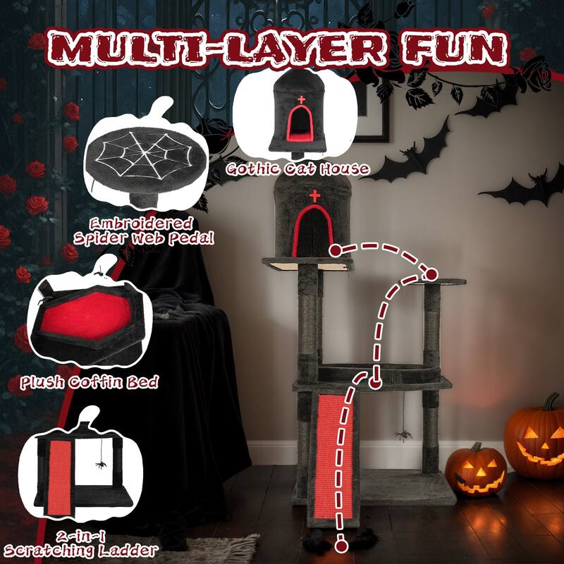 53" Gothic Cat Tree with Coffin Bed, Condo, Scratching Posts & Toys - 31.5 x 32.3 x 53.5 In
