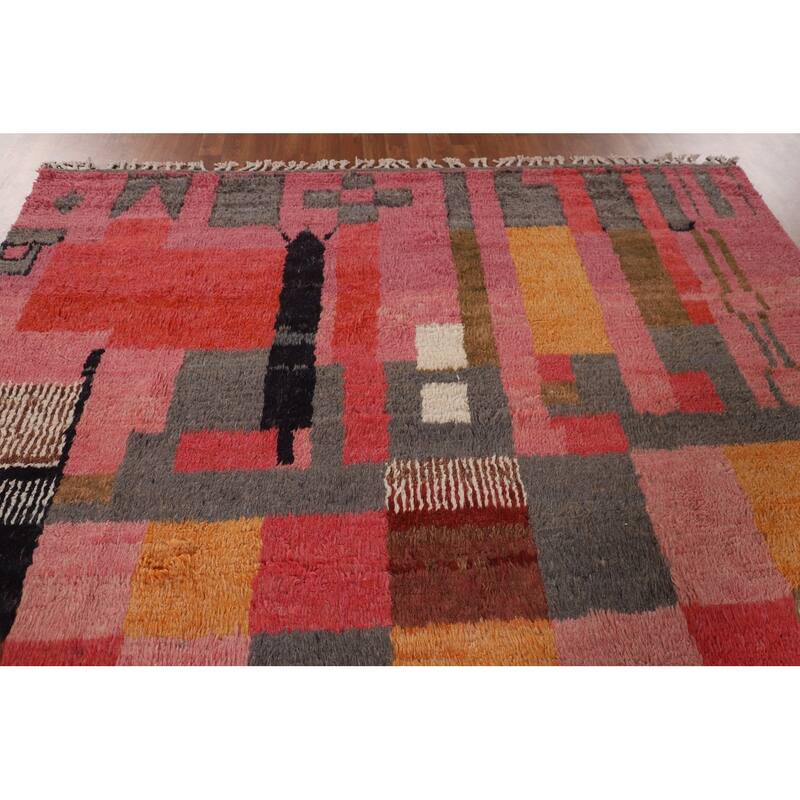 Checkered Moroccan Oriental Area Rug Hand-Knotted Wool Carpet - 7'11" x 10'0"