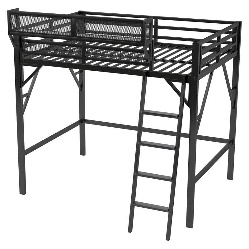 Iron Loft Bed Frame with Storage Shelves, Heavy Duty Metal Loft Bed, Kids High Loft Bed with Full Length Guardrail