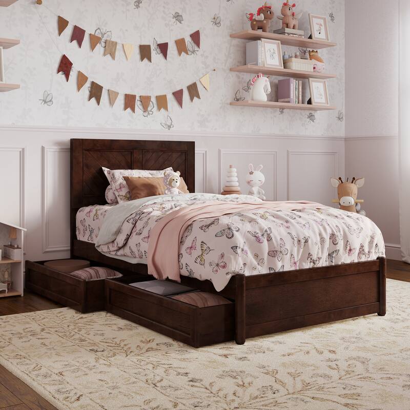 Clayton Platform Bed with Panel Footboard and Storage Drawers - Walnut - Twin