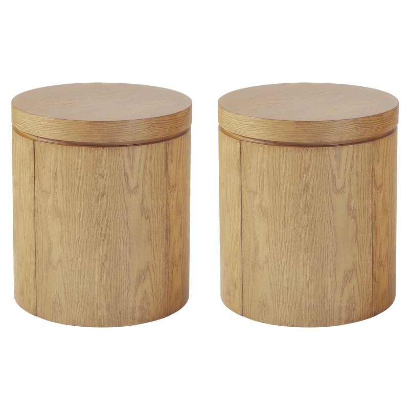 Walker Edison Modern Solid Oak Wood Round Side Tables with Storage (Set of 2)