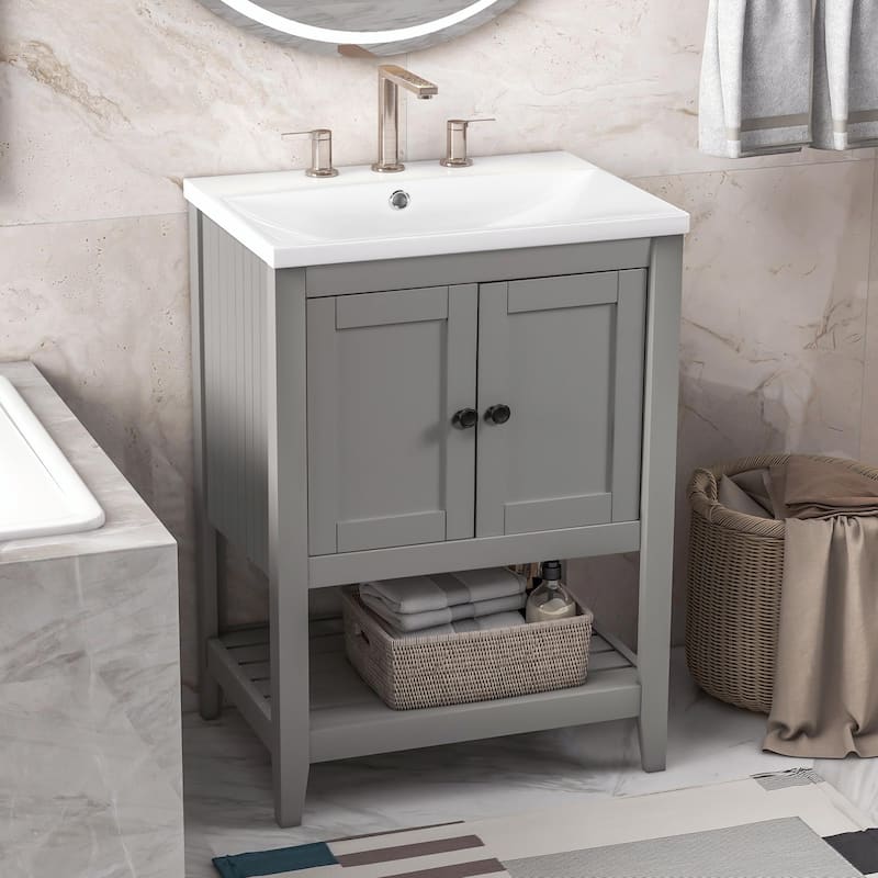 24" Bathroom Vanity with Ceramic Sink and Open Shelf