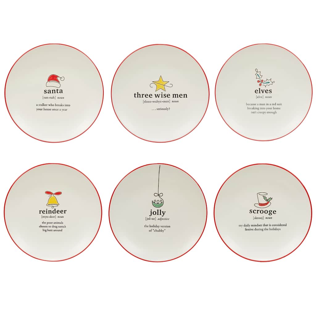 Certified International Christmas Fun Red Sayings 8.5" Dessert Plates, Set of 6 Assorted Designs - 8.5-inch