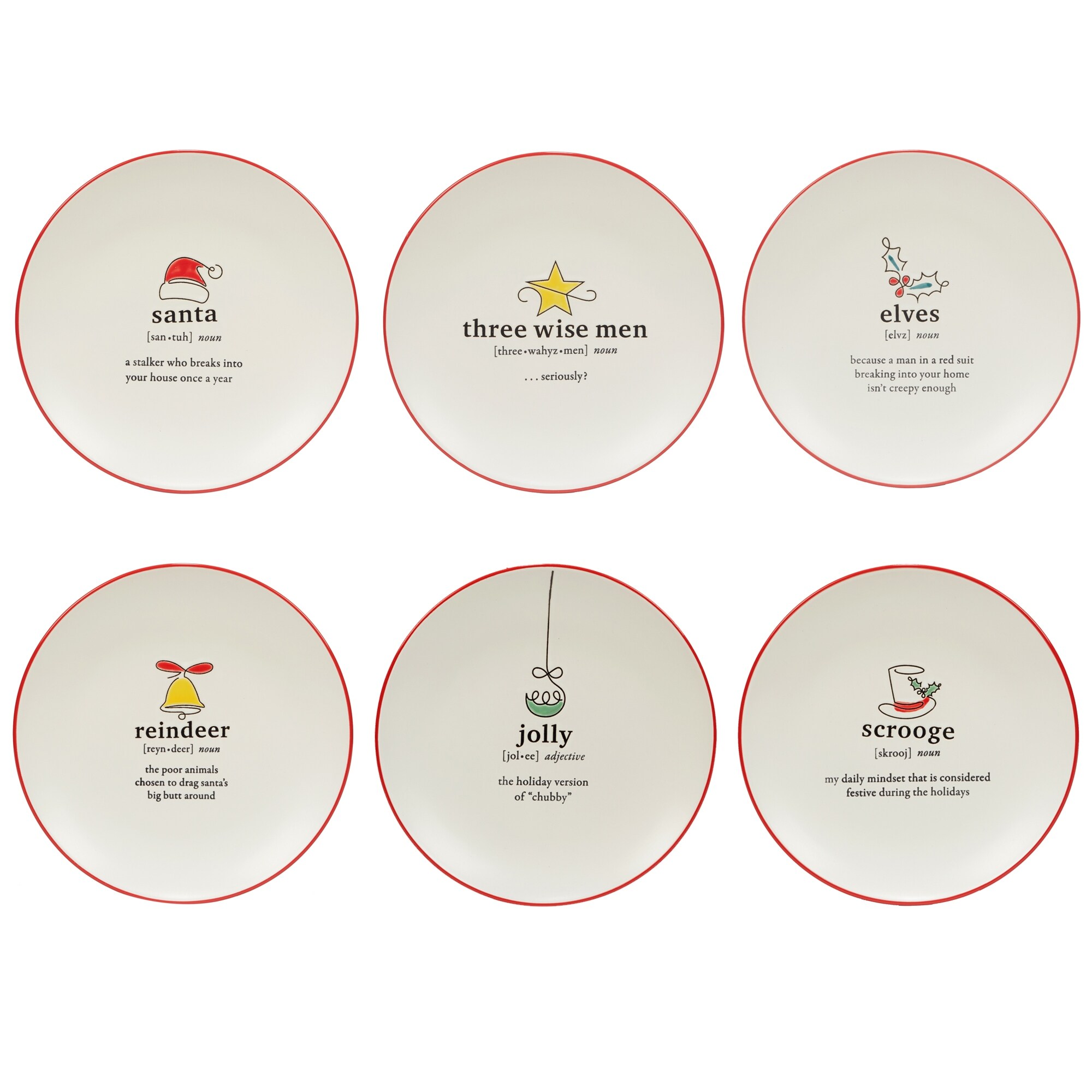 Certified International Christmas Fun Red Sayings 8.5" Dessert Plates, Set of 6 Assorted Designs - 8.5-inch