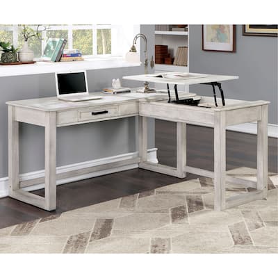 Lemper Farmhouse Antique White Wood Lift-Top Corner Desk with USB Port by Furniture of America