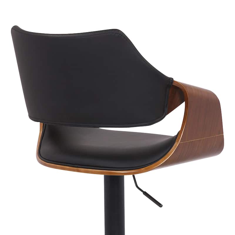 Black Leather and Walnut Wood and Black Swivel Adjustable Bar Stool