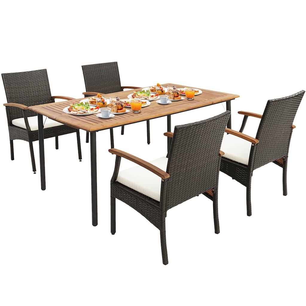 Costway 5PCS Patio Wicker Dining Set Cushion Acacia Wood Armchairs - 5-Piece