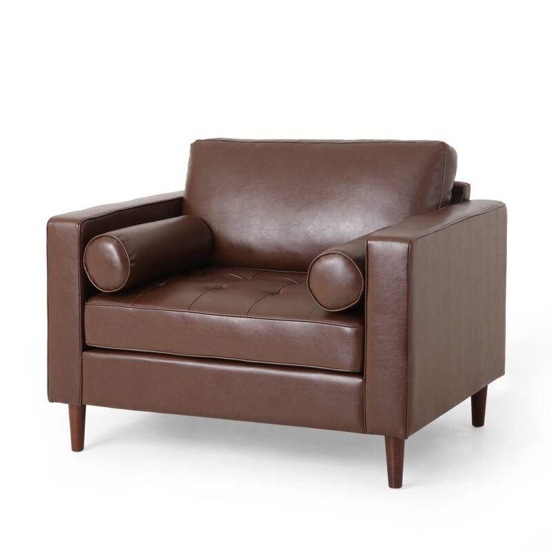 Roomfitters Faux Leather Club Chair with Tufted Seat, Bolster Pillows and Modern Wood Legs for Living Rooms, Dark Brown