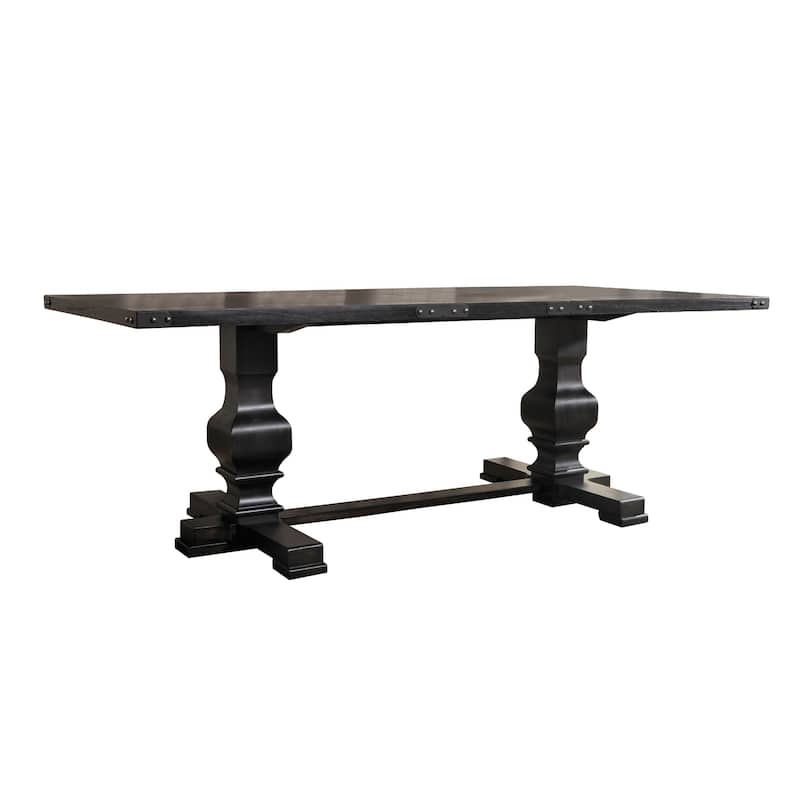 Wooden Rectangular Dining Table With Double Pedestal And Trestle Base, Vintage Black