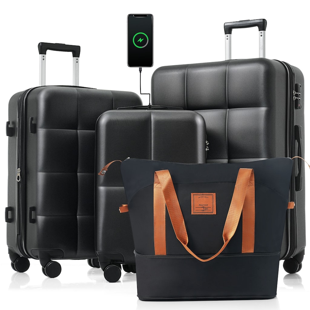 Luggage Sets 4 Piece, 20-inch with USB Port, Expandable ABS Durable Suitcase