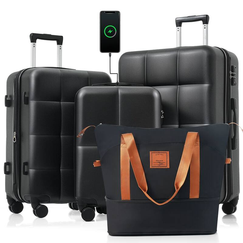 Luggage Sets 4 Piece,20-inch with USB Port,ABS Durable Suitcase with Travel Bag,Cup Holder,ABS Hard Shell with Spinner Wheels - Black+Brown