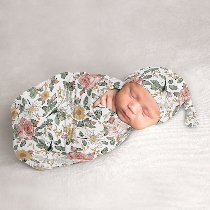 Vintage Floral Boho Collection Girl Baby Cocoon and Beanie Hat Sleep Sack - 2pc Set - Pink Green Shabby Chic Flower Farmhouse