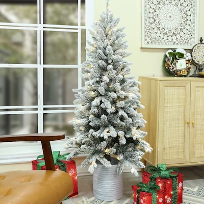 5Ft Pre-Lit Artificial Snow-Flocked Christmas Tree with Resin Pot - 60" H x 24.4" Diameter