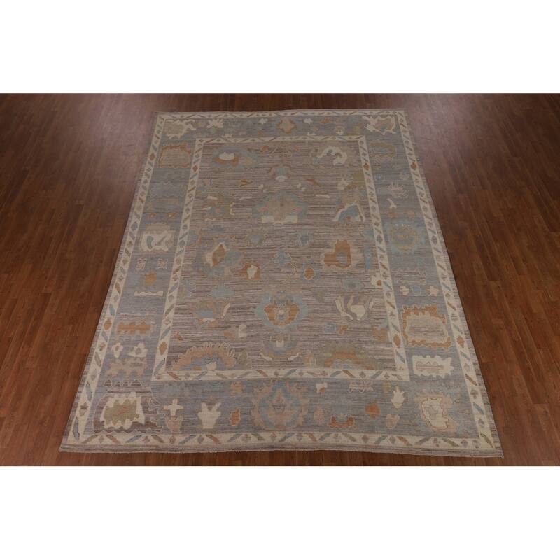 Beige Oushak Vegetable Dye Area Rug Hand-Knotted Wool Carpet - 9'1"x 12'0"