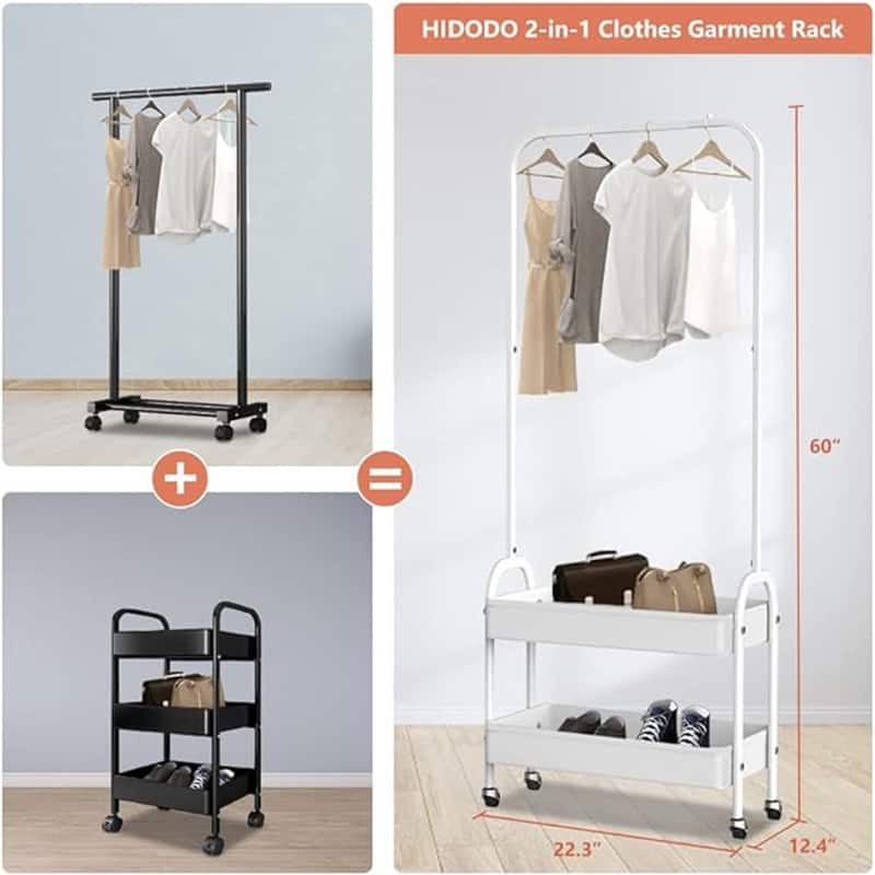Clothes Organizer with 2 Tier Metal Baskets - 12.4"D x 22.3"W x 60"H