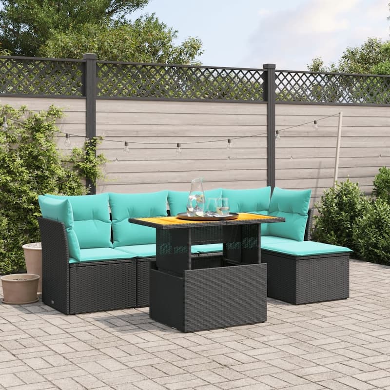 vidaXL Patio Sofa Set with Cushions Outdoor Furniture 6 Piece Poly Rattan - Black without storage - 24.4" x 24.4" x 27.2"