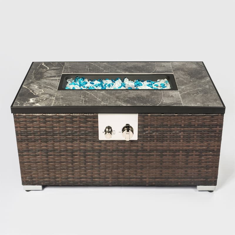 Outdoor Rattan Gas Fire Table, Propane Fire Pit with Tile Tabletop