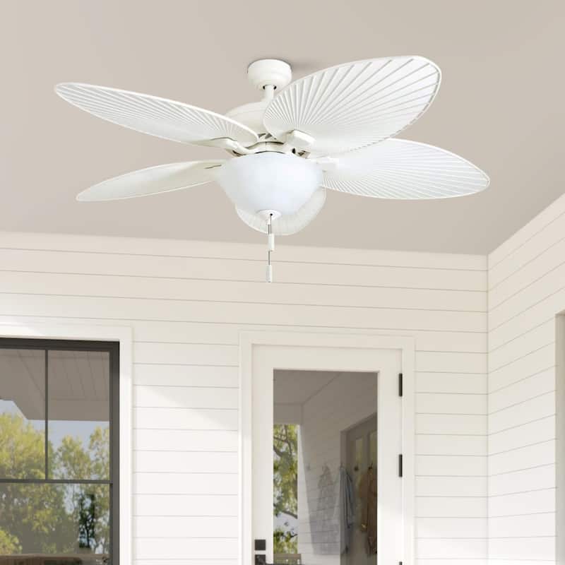 52" Honeywell Palm Island White Indoor/Outdoor Ceiling Fan with Light, Pull Chain, 5 Palm Leaf Blades - White - Hardwired