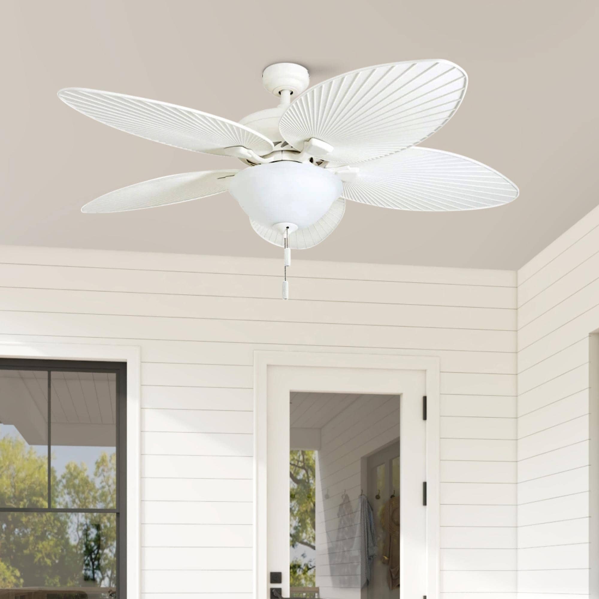 52" Honeywell Palm Island White Indoor/Outdoor Ceiling Fan with Light, Pull Chain, 5 Palm Leaf Blades