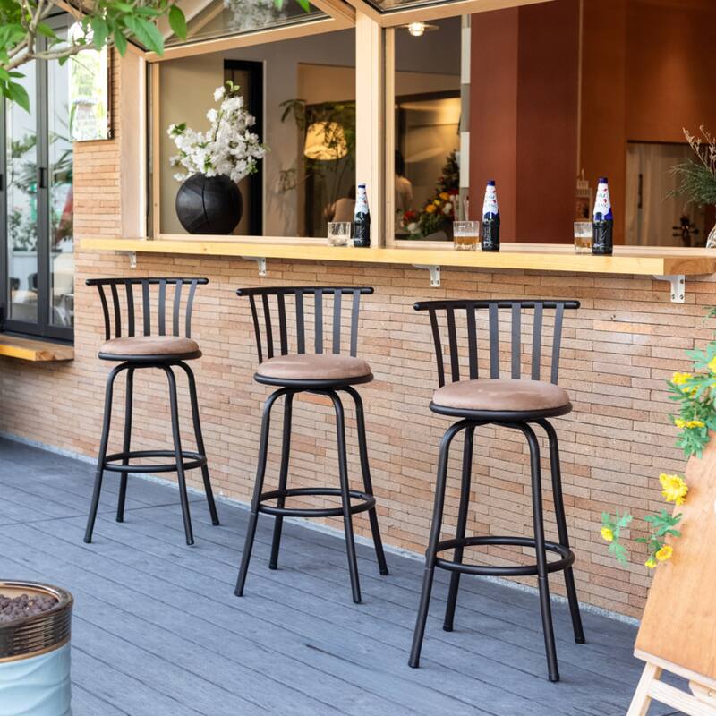 Brown Faux Leather Adjustable Bar Stool Armless with Swivel and Footrest - Set of 3