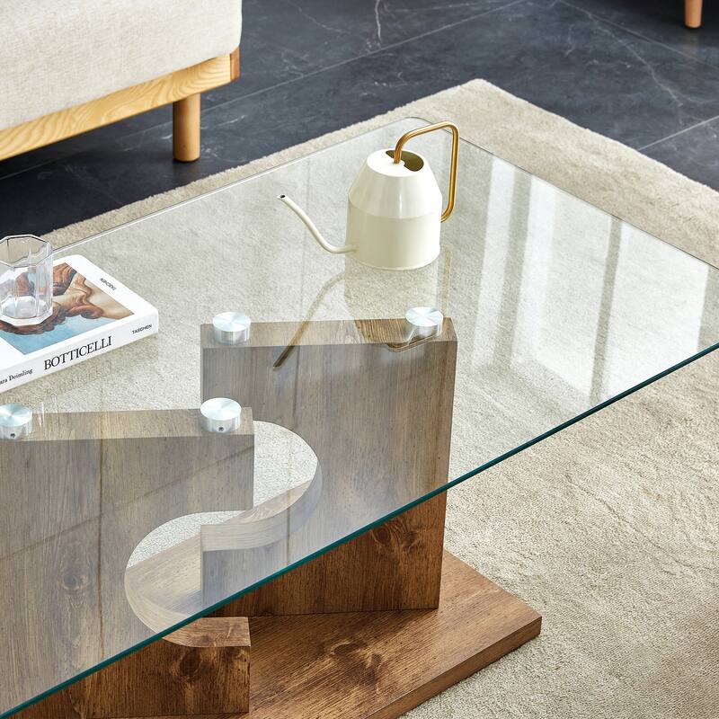 Rectangular Modern And Fashionable Coffee Table With Tempered Glass Tabletop And Wooden Color Mdf Leg