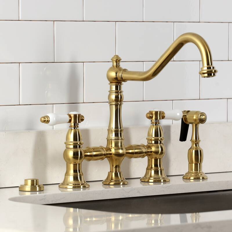 Kingston Brass Bel-Air Two-Handle 4-Hole Deck Mount Bridge Kitchen Faucet with Brass Side Sprayer