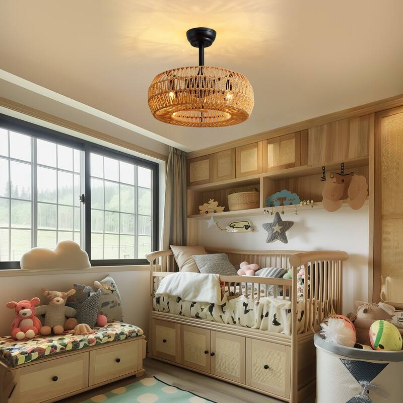 20" Boho Caged Ceiling Fan with Lights Remote Control Rattan Low Profile Ceiling Fan Farmhouse Ceiling Fansfor Kitchen Bedroom