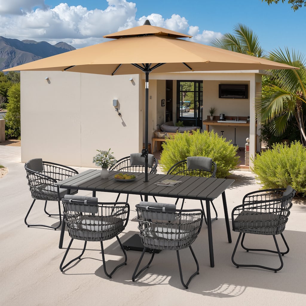 9PC Outdoor Patio Dining Set Wood-Like Aluminum Umbrella Hole Table with Rattan Chairs,Double Top Market Umbrella and Wheel Base