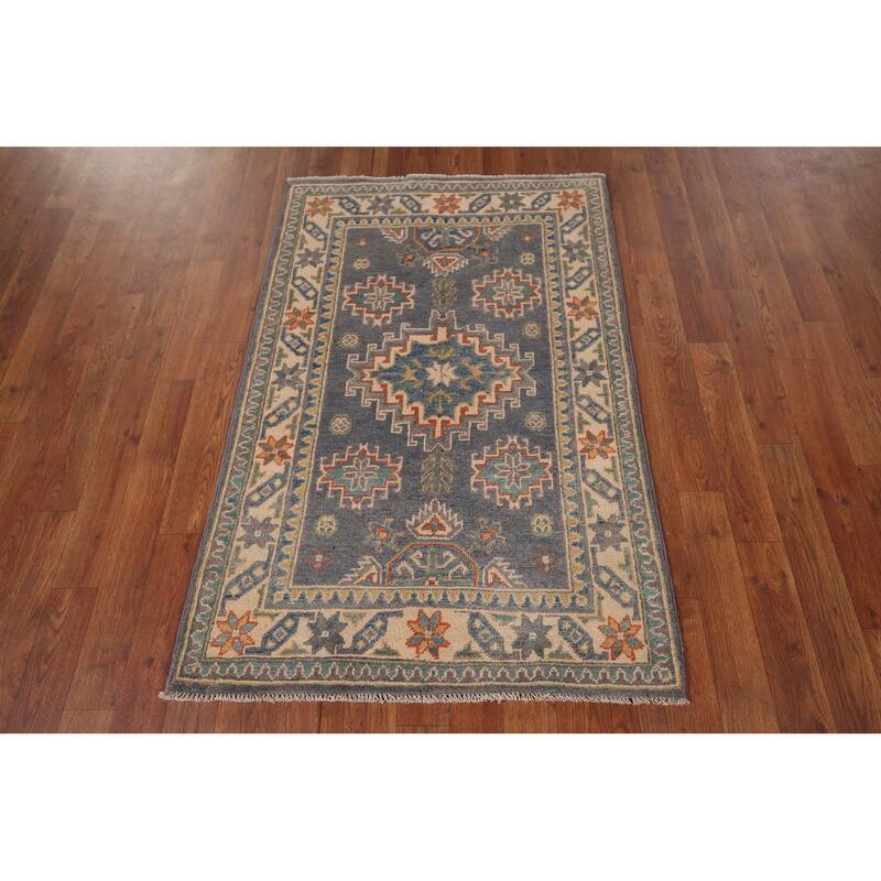 Gray Geometric Kazak Accent Rug Hand-Knotted Foyer Wool Carpet - 2'8" x 4'1"