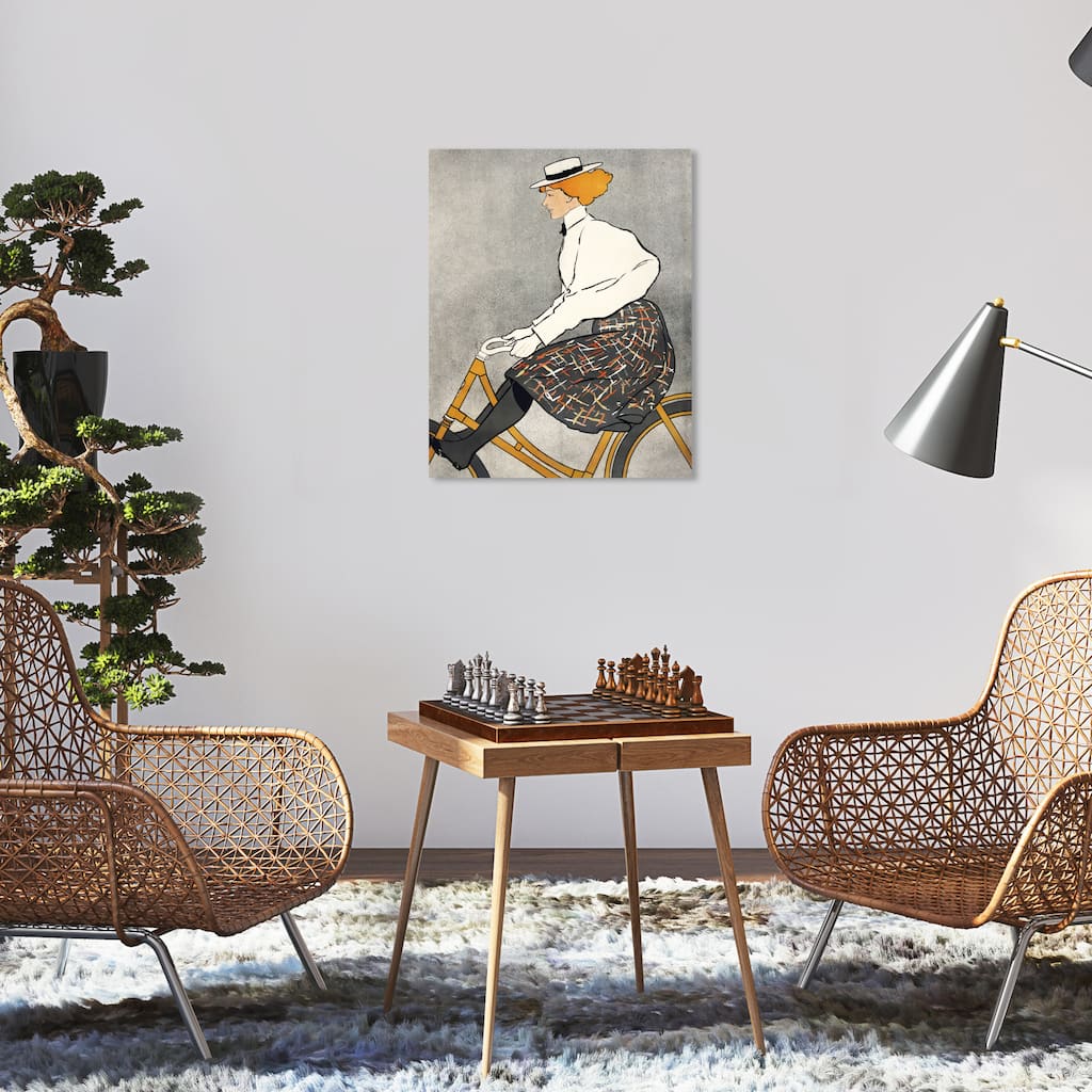 Wynwood Studio Canvas Fashion Vintage woman riding a bicycle - Edward Penfield Orange and Vintage Wall Art Canvas Print