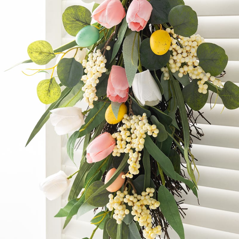 Glitzhome Easter Bunny Door Hanger with Eggs Tulip Teardrop Carrot Spring Wall Decor