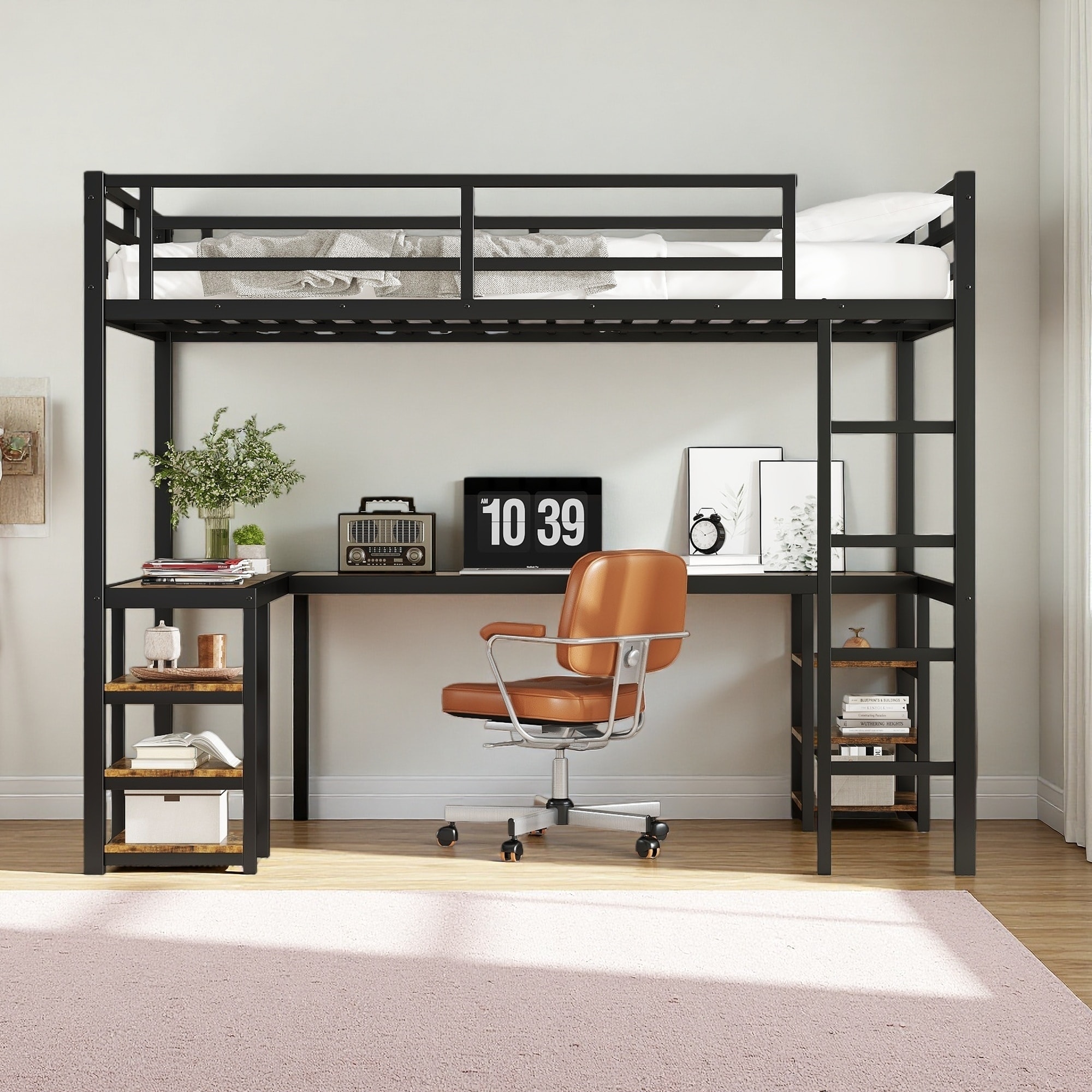 Twin XL Metal Loft Bed with Black Iron Frame, L-Shaped Desk, Bookshelf, Ladder, and Guardrails - Space-Saving Loft Bed Frame