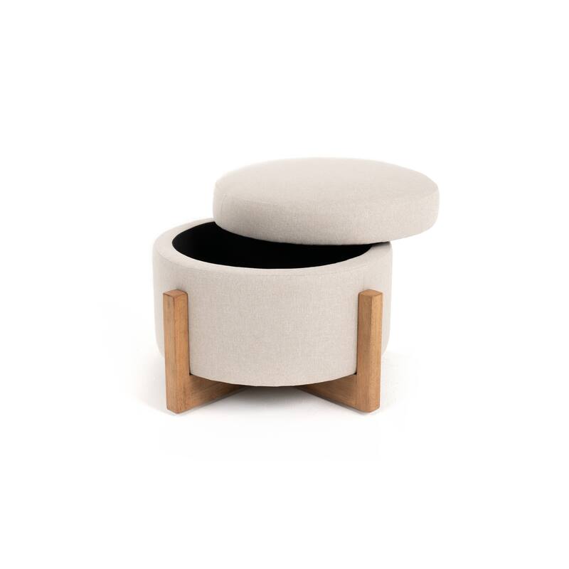 Modrest Sada Mid-Century Modern Beige Linen & Chestnut Round Ottoman