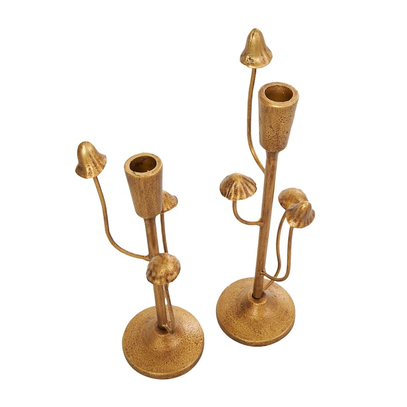 Metal Abstract Mushroom Inspired Candle Holder - Set of 2 Gold - Roche River Decor - 3"W x 4"L x 11"H