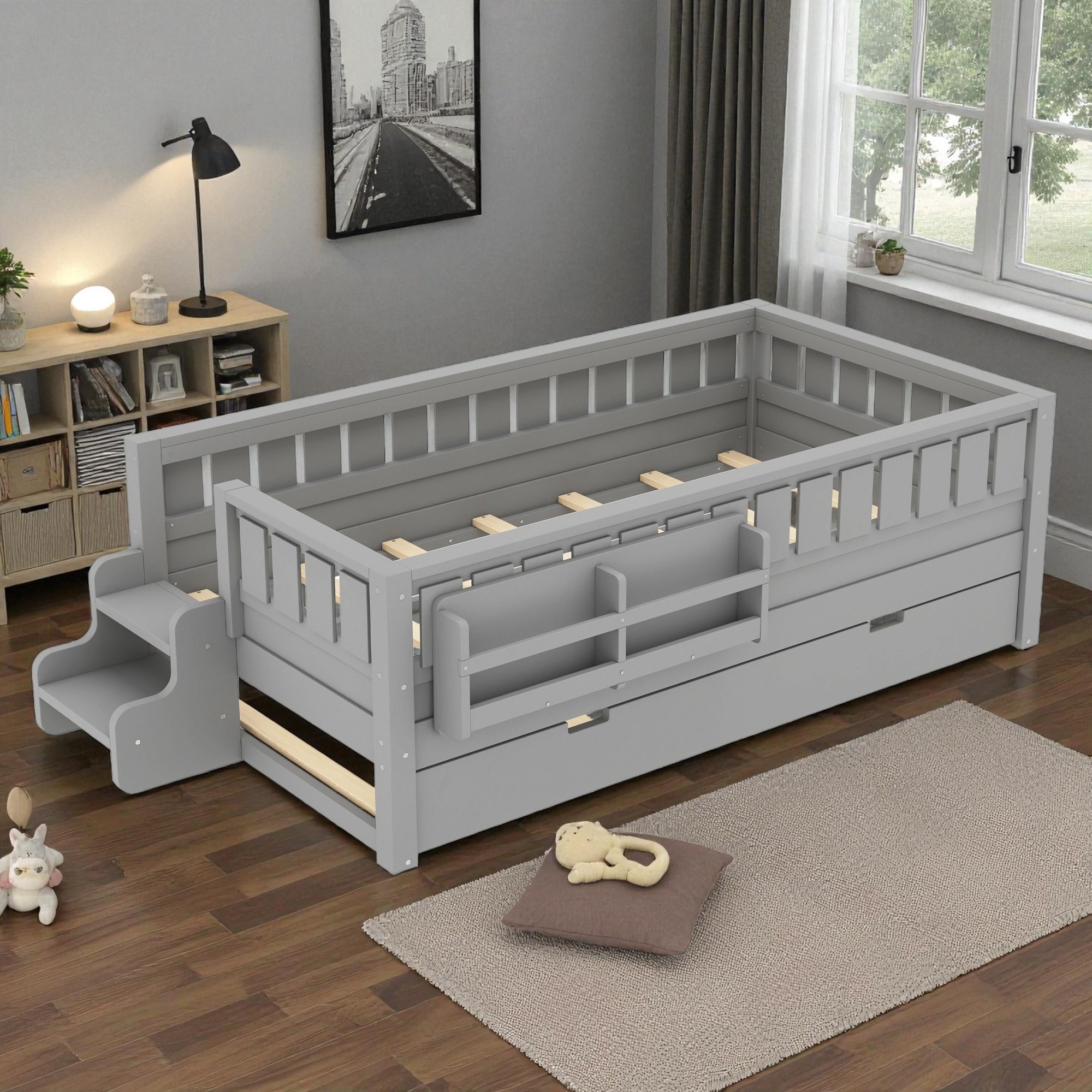 Twin Platform Bed with Trundle, Built-in Side Bookshelf, Safety Rails and Staircase, 79.1"L x 41.6"W x 25.6"H