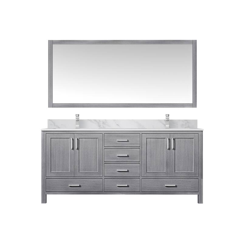 Jacques 72 in. W x 22 in. D Distressed Grey Double Bath Vanity, Carrara Marble Top, Faucet Set, and 70 in. Mirror
